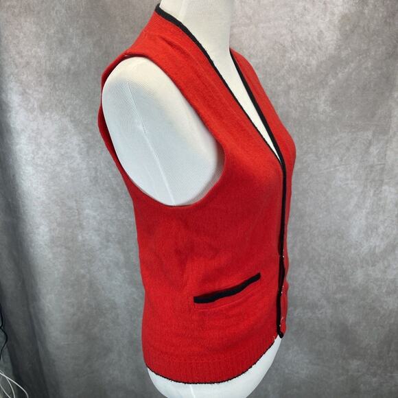 Vintage Australian Lamb's Wool Women's XS/SM Red Vest 32 in Bust Black Trim - Picture 2 of 6